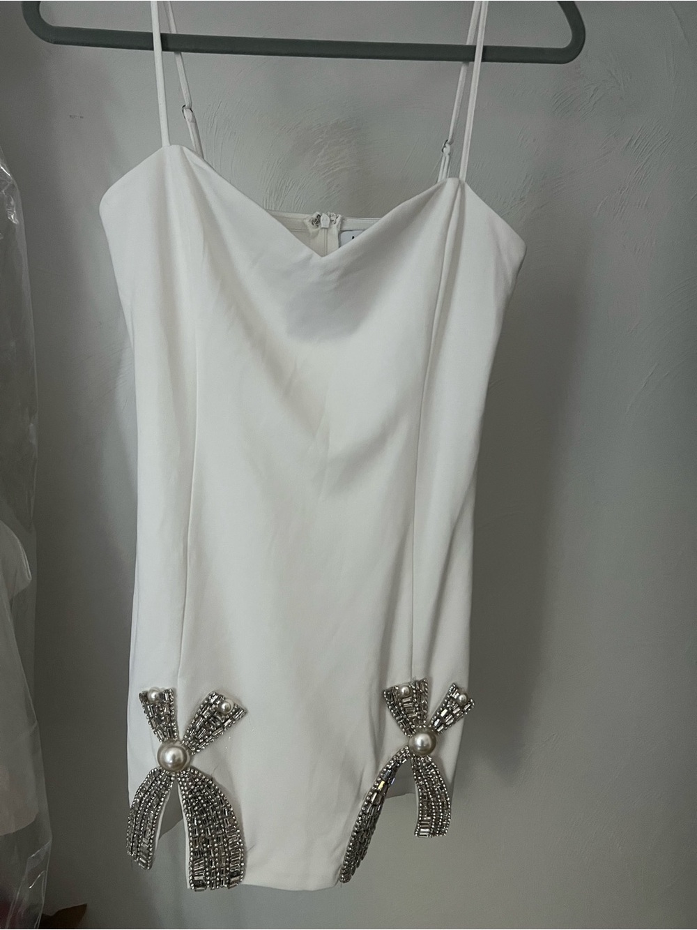 Amazing Lace White Mini Dress with Beaded Bow Accents